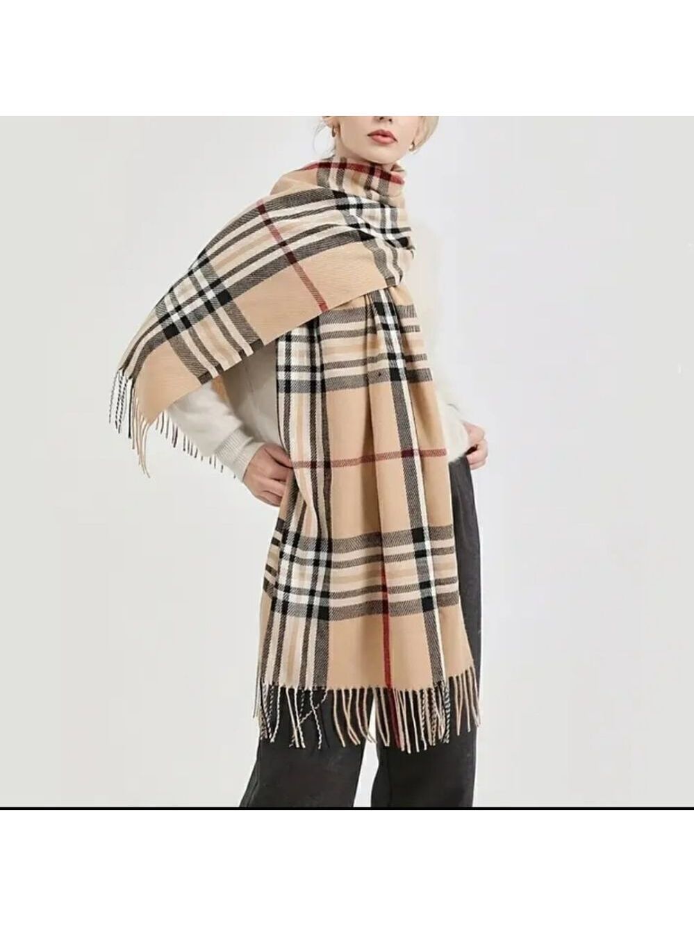 Chic Plaid Fringe Winter Scarf Super Soft Cashmere Feel Polyester